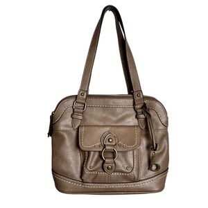 B.O.C Taupe Faux Leather Satchel Shoulder‎ Bag Pocketbook Purse Bronze Hardware